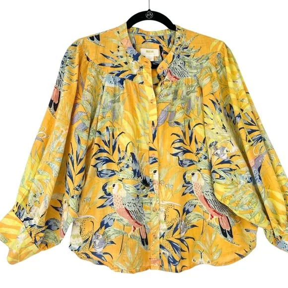 Anthropologie Maeve Yellow Tropical Floral Bird Top Sz L Relaxed Cotton Button - Picture 2 of 14